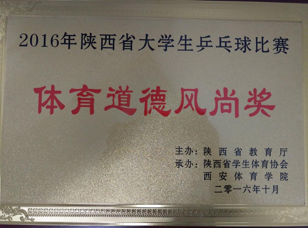 2016年陕西省大学生乒乓球赛体育道德风尚奖