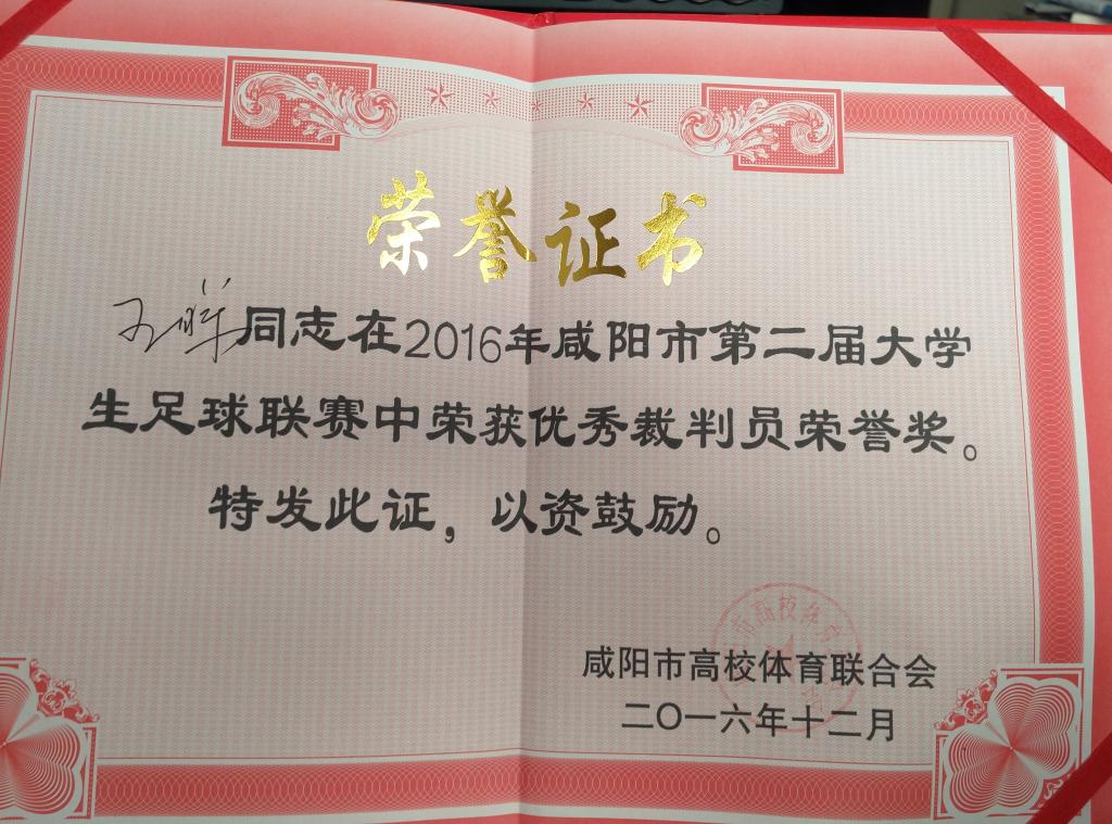 王晖老师获得咸阳市第二届大学生足球赛优秀裁判员​
